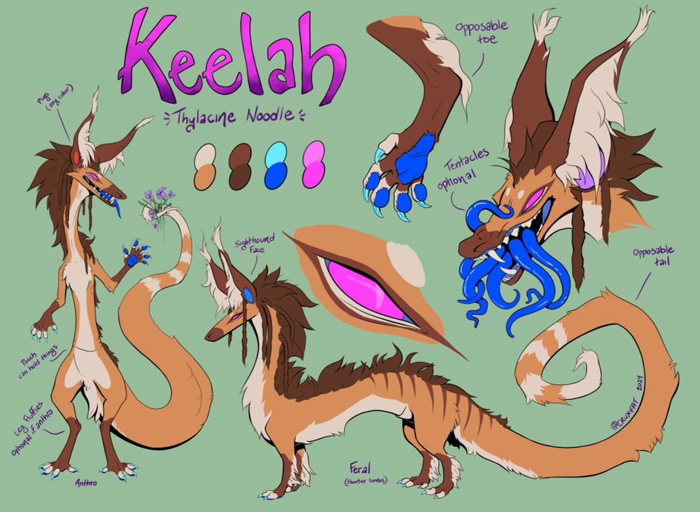 Ref sheet for Keelah, an orangish brown fluffy noodle dragon with tentacles coming out of her mouth