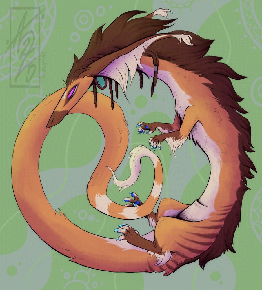 A long orange furry thylacine dragon creature.