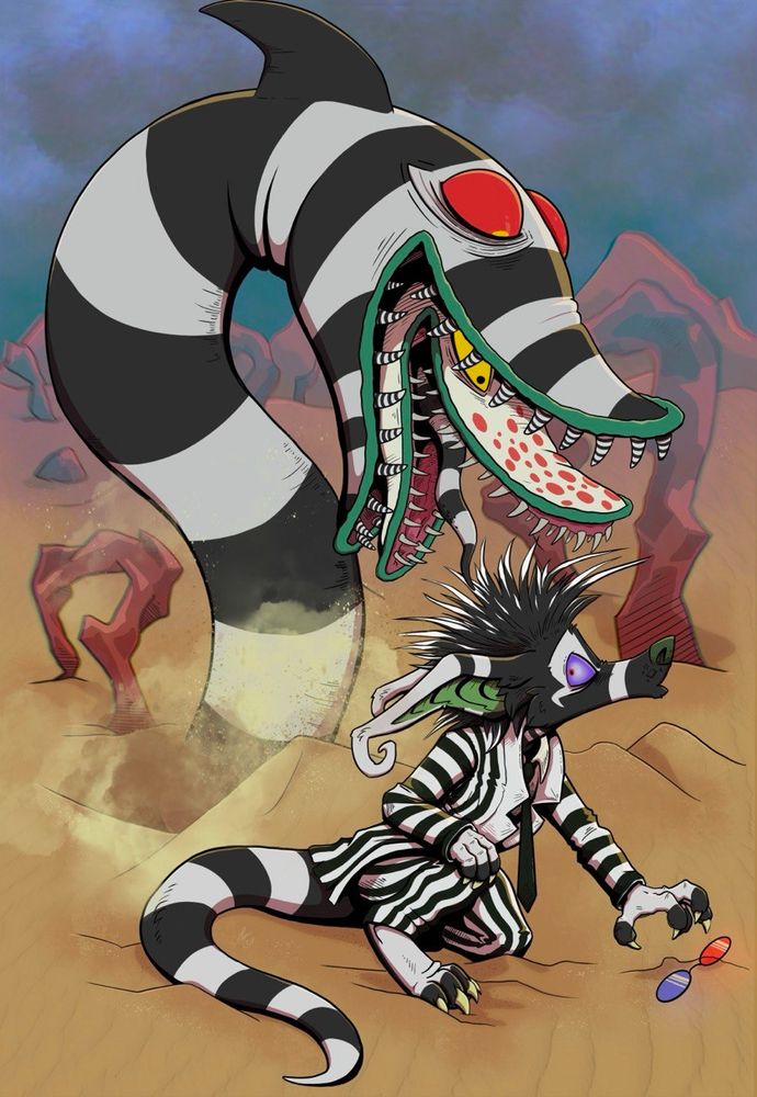 A sandworm is rising out of the sand to attack a black/white crux dressed as beetlejuice who is kneeled down to pick up their glasses
