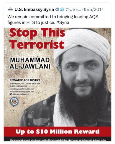 U.S. Embassy in Syria’s 2017 tweet offering $10 million reward to stop the “terrorist” Muhammad Al-Jawlani