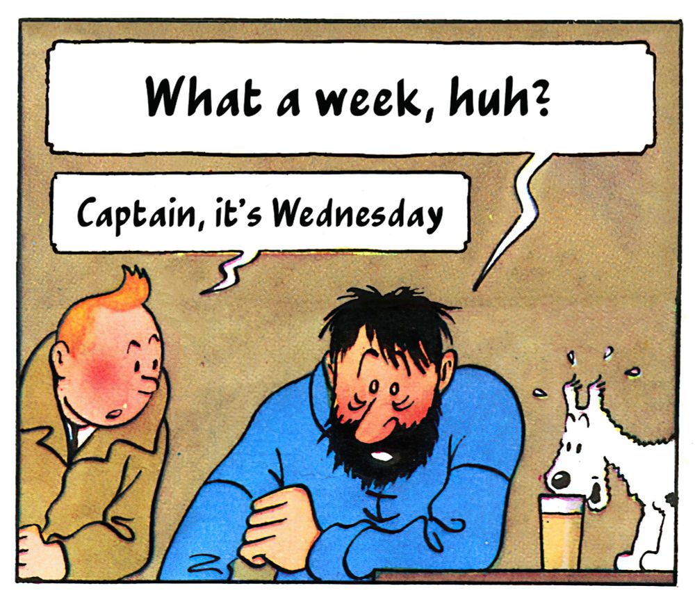 A Tintin comic panel where Captain Haddock, looking haggard, says "What a week, huh?" and Tintin, ginger-haired-rosy-cheeked person replies "Captain, it's Wednesday"