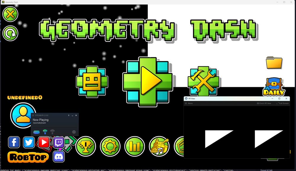 geometry dash with steamvr in front, steamvr shows two white triangles in the headset view while gd has broken backgrounds