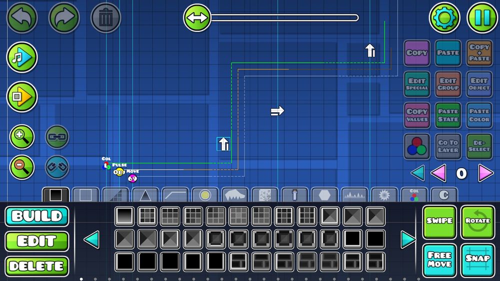 a picture of the geometry dash level editor with duration lines that bend when there's an arrow trigger, instead of just going straight or being confusing like they are in the vanilla game
