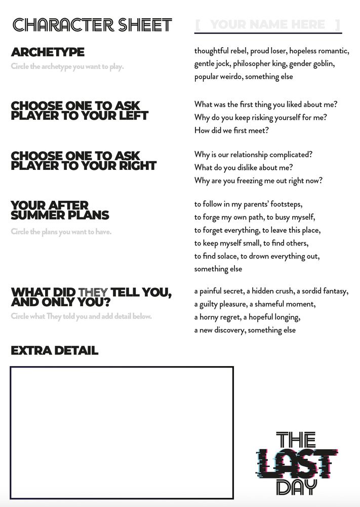 A character sheet for The Last Day, asking descriptive questions like "Why is our relationship complicated?" and "Why do you keep risking yourself for me?"