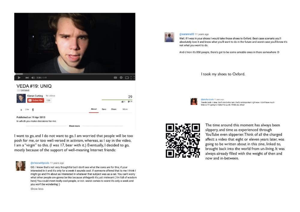 A double page spread from the zine. On the left hand side is a screenshot of a YouTube video, and around it are comments. They're from my videos I made when I was 17 and unsure about going to Oxford for a summer school.