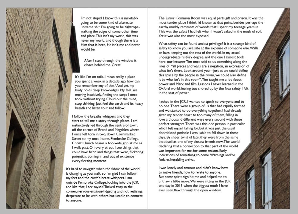 Two pages of a zine in an editor view in InDesign. On each side of the paper, there are two buildings. between them is text that isn't really intended to be read right now, but is about privilege and Oxford and being scared.