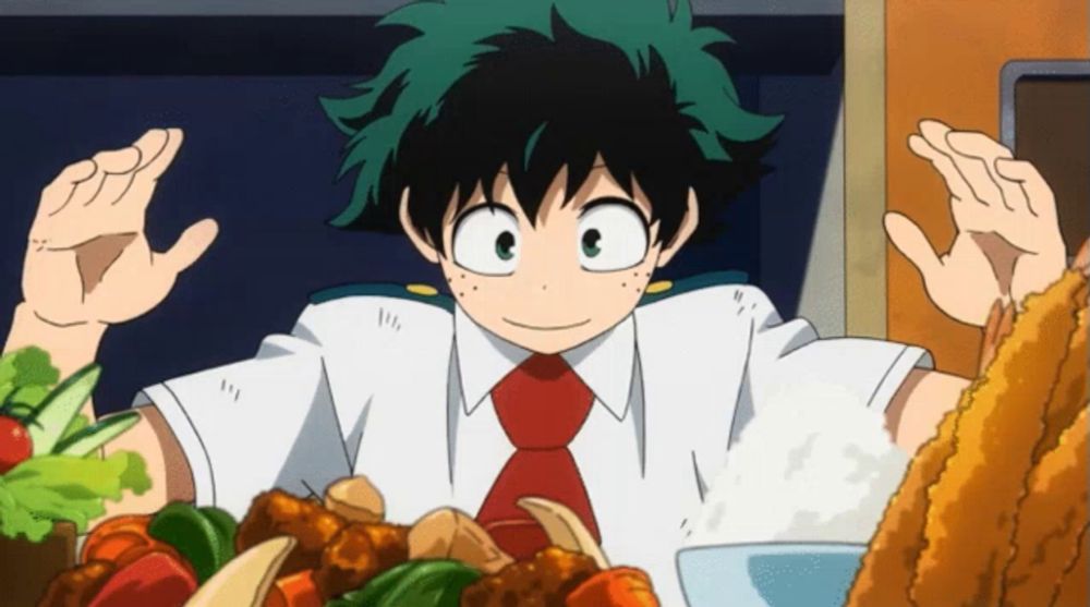 a boy with green hair and a red tie is standing in front of a bowl of food