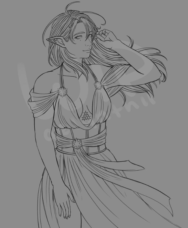 Digital sketch of an elf woman dressed in a loose fitting gown, with a corset and sash tied around her waist. Her long hair and the skirt of her dress are being moved to the side by a gust of wind.