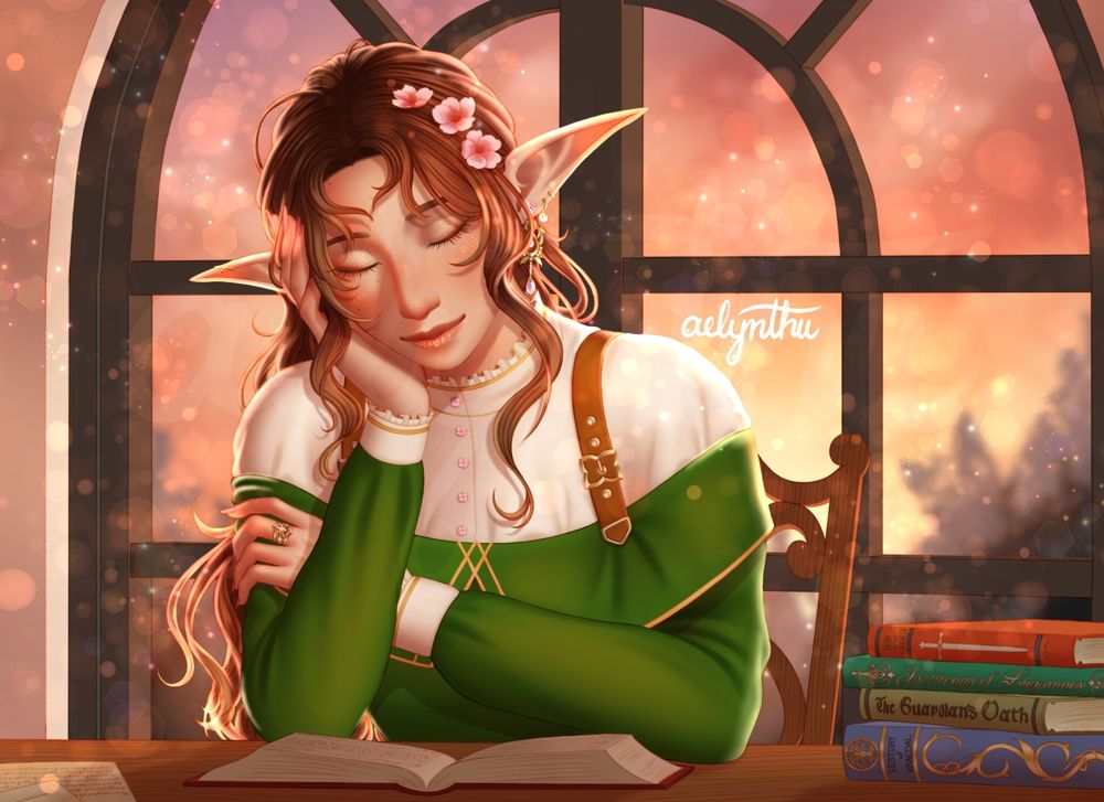 Digital illustration of an elven woman sat at a desk with a book opened in front of her and a small stack of books beside her. Warm sunset light floods into the room in a large arched window behind her as she's resting her head in her hand. Her eyes are closed and appears to be dozing off. She's dressed in a simple green dressed with brown leather straps, and a white blouse under it. While her long, brown hair is all cascading down her back with three cherry blossoms adorning it.