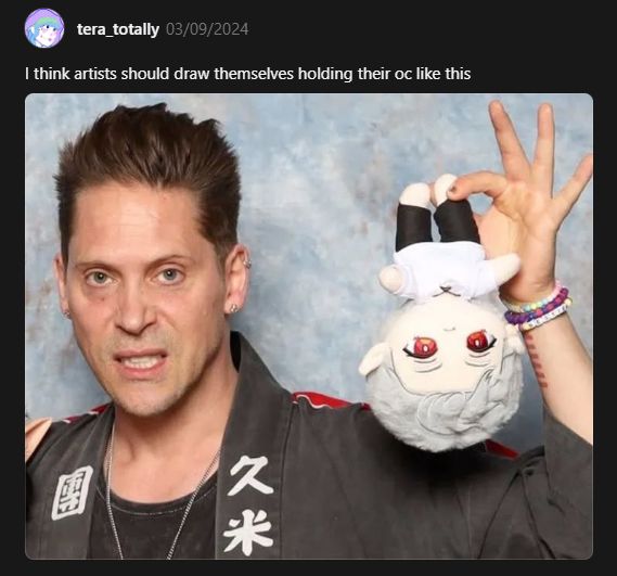 A screenshot of a post that says "I think artists should draw themselves holding their oc like this," with a photo of Neil Newborn holding up a plushie of Astarion from Baldur's Gate 3.