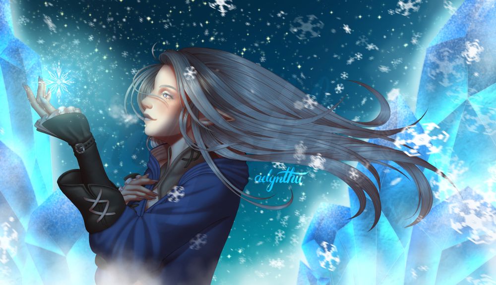 Digital drawing Ysayle from Final Fantasy XIV. She has one hand lifted with a snowflake floating above it. She has a peaceful smile across her lips as she gazes at the snowflake. Snow is falling, and she's surrounded by large ice crystals.