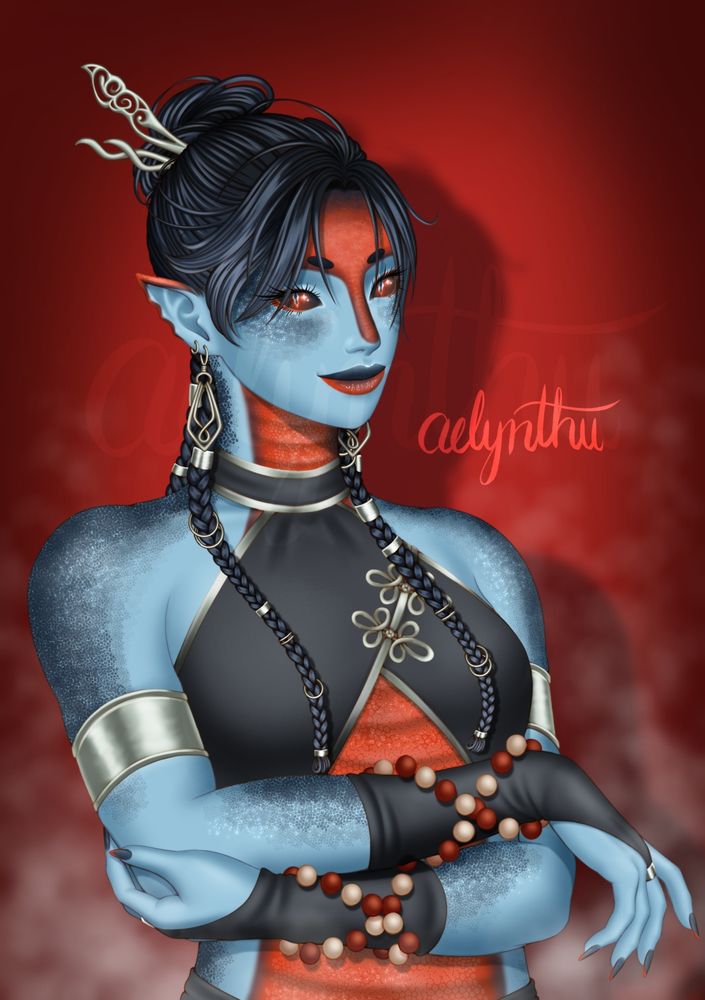 Digital illustration of a Yuan-ti woman from D&D. She has vibrant blue and red skin, with dark scales trailing down her arms and across her cheeks. She's dressed in black monk-like attire, with accents of silver jewelry adorning her. Her black hair is pulled up into a bun held by two hair pins, and 4 long braids drape down her body.