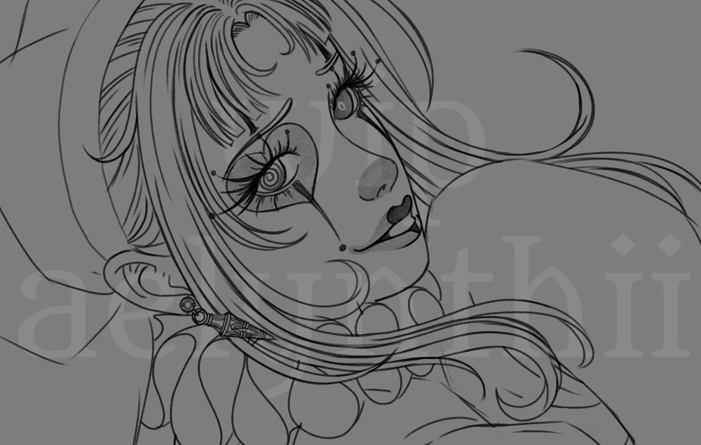 A close up to a sketch of my jester character Philo. She's look at the viewer over her shoulder.