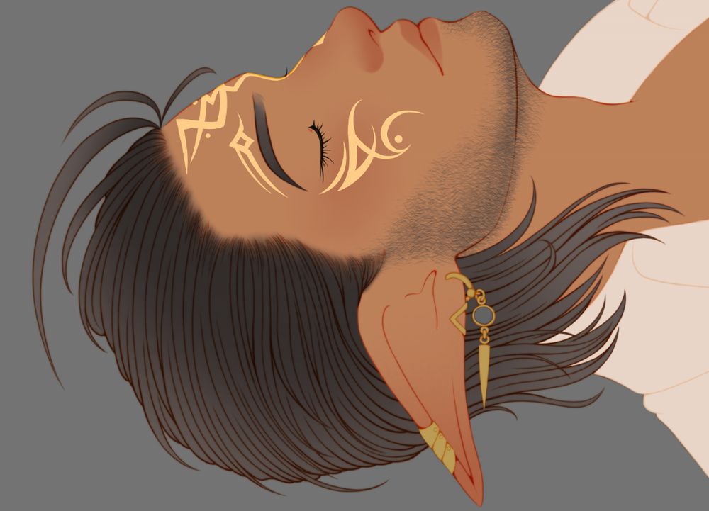 Digital illustration of my character Erendriel where he's laying on his back with his eyes closed, and elvish markings on his face.