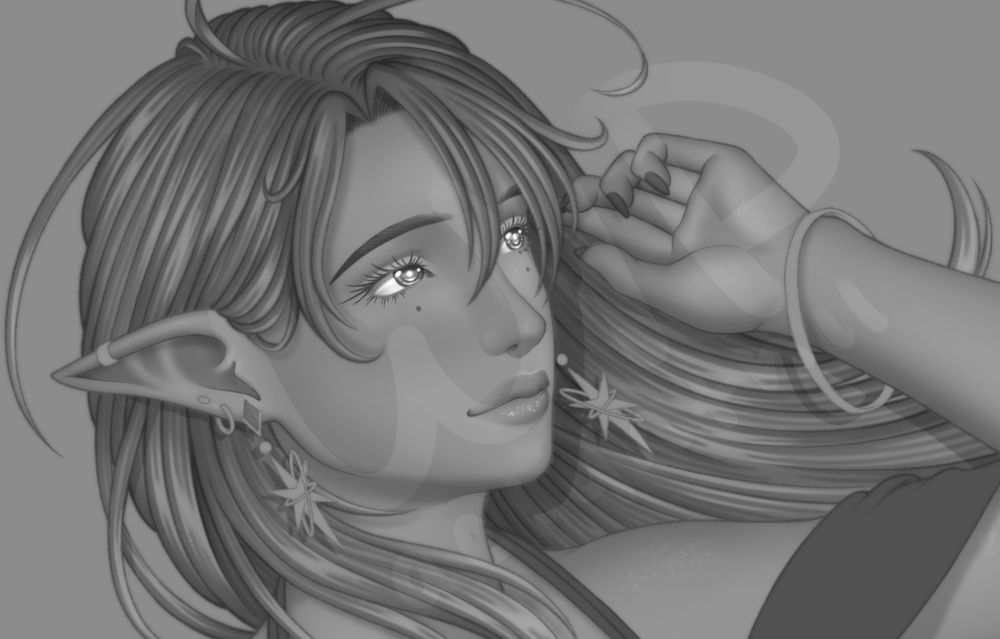 Black and white illustration of an elf woman with her hair blowing in the wind.