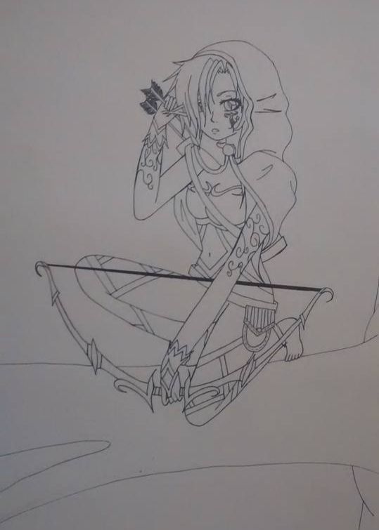 On old traditional drawing of an elven lady crouched in a tree with a bow and arrow.