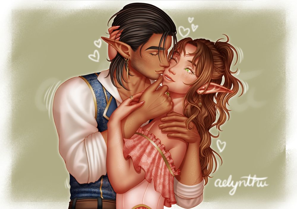 Digital illustration of my characters Erendriel and Aelynthi in an embrace. Eren is tilting her chin up with his hand as his places a gentle kiss on Aelyn's cheek. Meanwhile, she's looking at him with a smile on her lips as one her hands reaches around to grab the back of his head.