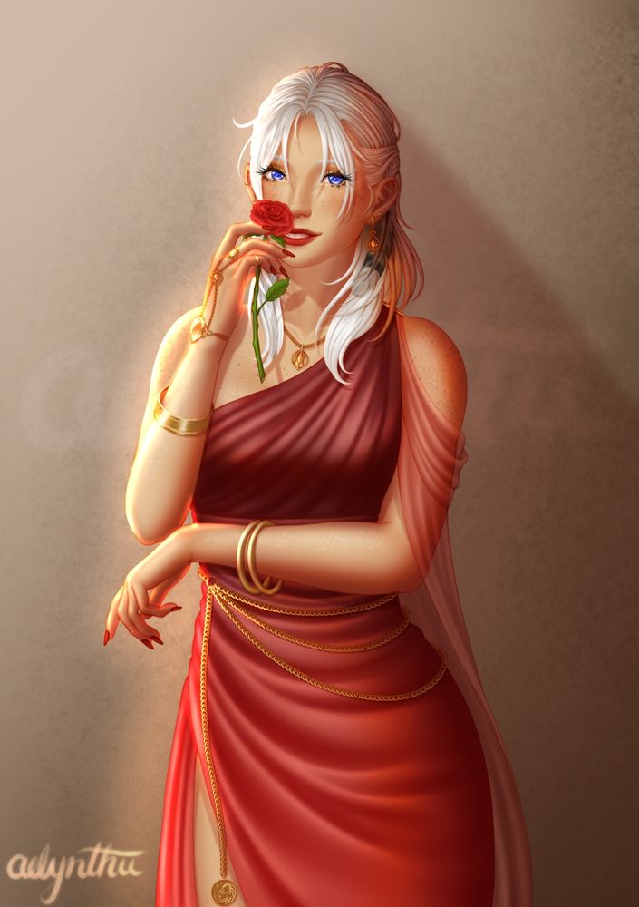 Digital illustration of a woman wearing a red dress and golden jewelry, holding a single rose up to her nose. She has strikingly blue eyes, and medium length white hair.