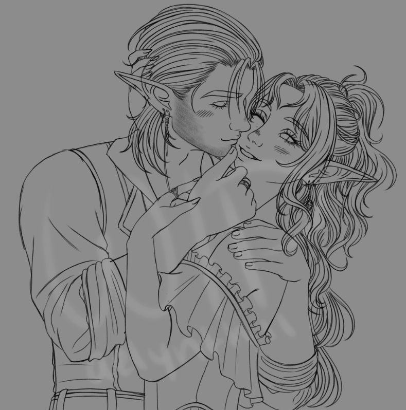 Digital sketch of an elven man pulling an elven woman into his embrace as he tilts her head up with his hand to place a gentle kiss on her check. The woman returns the embrace and is smiling happily at the man.