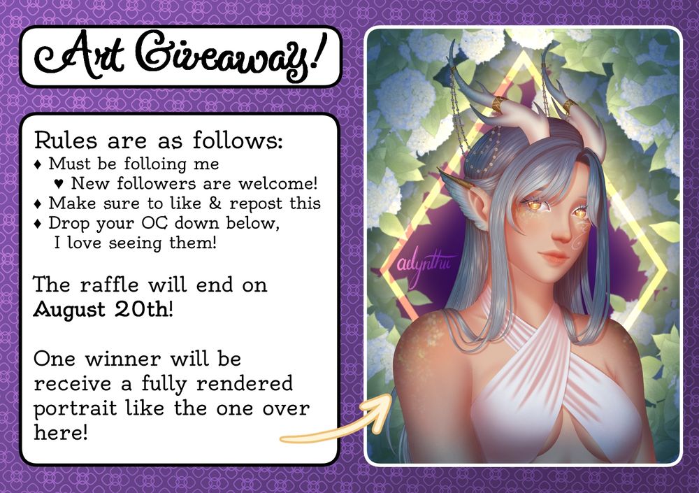 A graphic for a free art raffle celebrating 500 followers. The text on it reads:

As a thanks for 500+ followers, & as my usual milestone traditional, I'm hosting an art raffle! The rules to join are as simple as they come:

Make sure you're following (new people are welcome!)
Like and & share this post
Drop your OC refs below!

Raffle will end on Aug 20th!