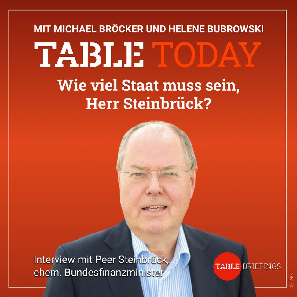 Ein Bild von Ex-Finanzminister Peer Steinbrück, der zu Gast im Podcast Table.Today war zum Thema Staatsreform