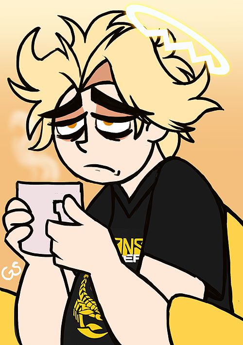 Image of Abel who's an angel with messy blonde hair from sleep with a tired expression on his face. He is holding a mug and wearing a band shirt.