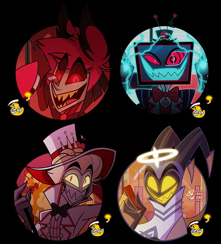 Icons of the characters Alastor (a humanoid demon deer with a creepy smile and holding a microphone), Vox (a demon with a tv head with lighting coming out of his hands), Lucifer Morningstar (a demon in a top hat holding a staff), and Adam (an angel wearing a helmet with horns and holding a BBQ rib).
