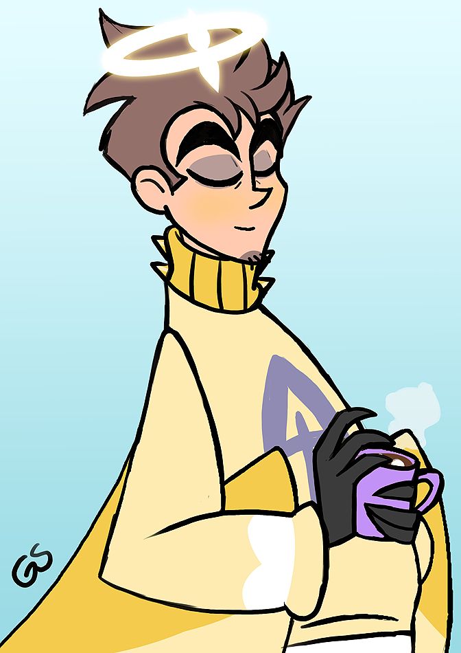 Adam, an angel, wearing a yellow sweater and holding a mug of hot chocolate.