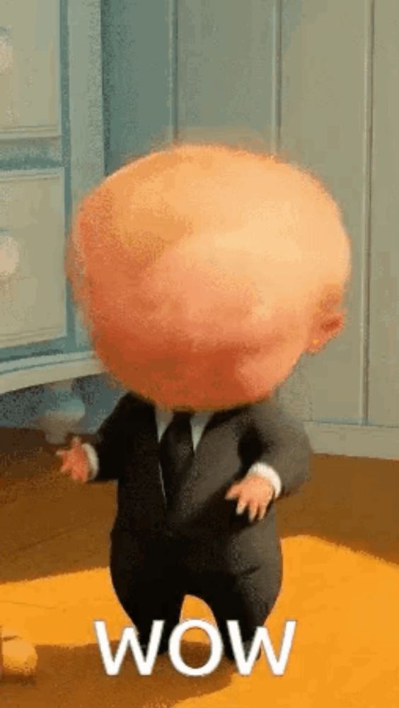 a cartoon baby in a suit and tie is standing on a yellow rug and says wow .