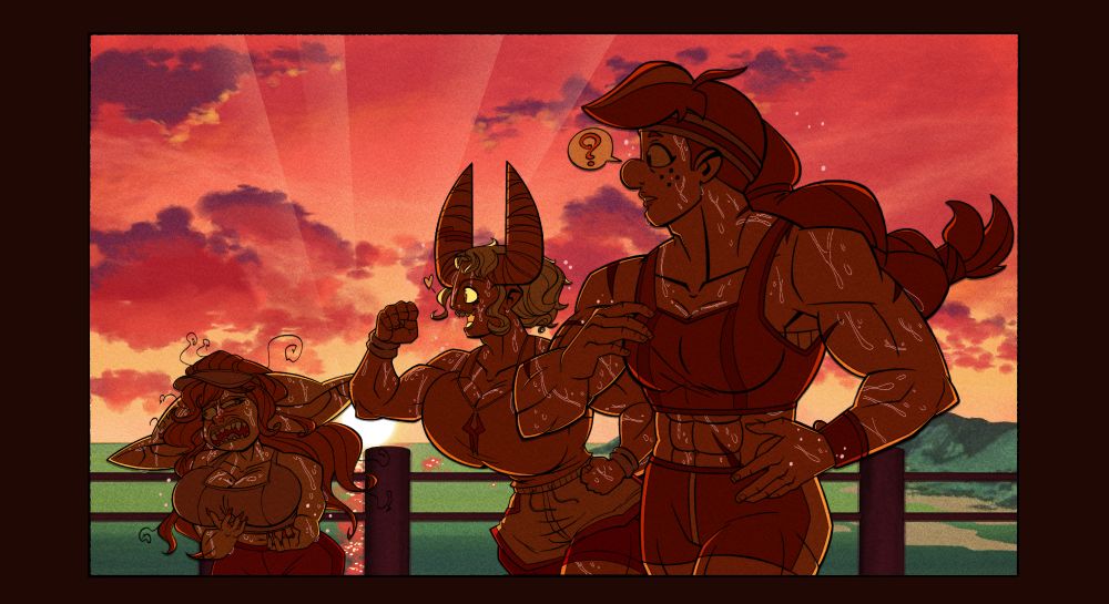 A summer-themed illustration that features TheDansome's Dahlia and Weaponized Thickness' Nil joining my OC, Freyja, for a summer jog. The background art sets the scene in a warm, subtropical setting, with a setting sun, warm waters, and island masses in far off distance.