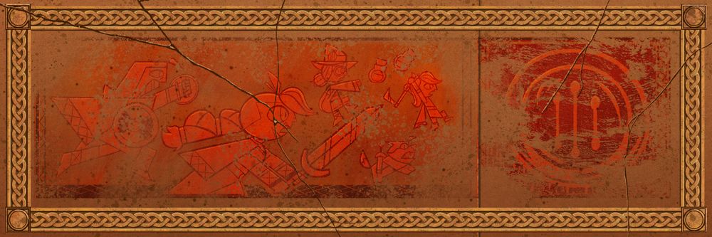 This artwork features weathered tapestry art on a stone wall, depicting my characters (Ragnar, Freyja, Eschallot, Smali, and Gunhilda in that order) as they're about to confront an unknown being, who's appearance in this art has worn away by the jaws of time. 