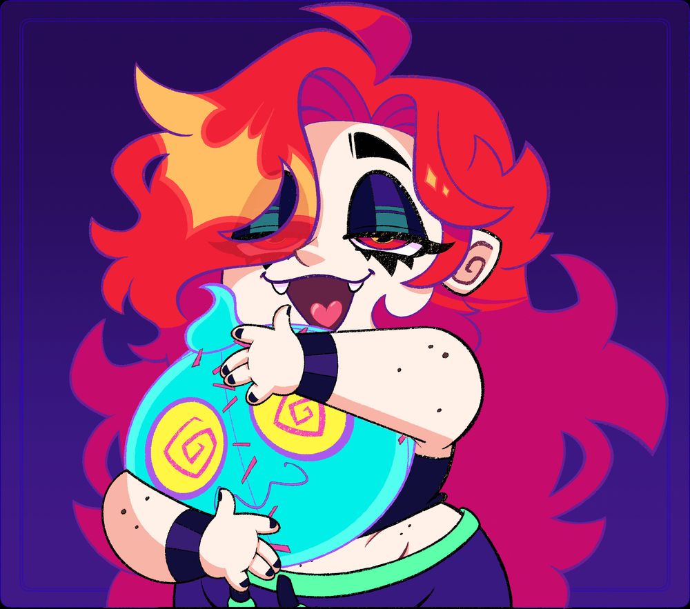 Fan art of Twitch Streamer ToxicSoul77, where she's chibi-sized, have half-closed eyes, a silly "Hai!" smile, and is hugging a lost soul, which is in the shape of a very cute plush toy. She's very content in life. 