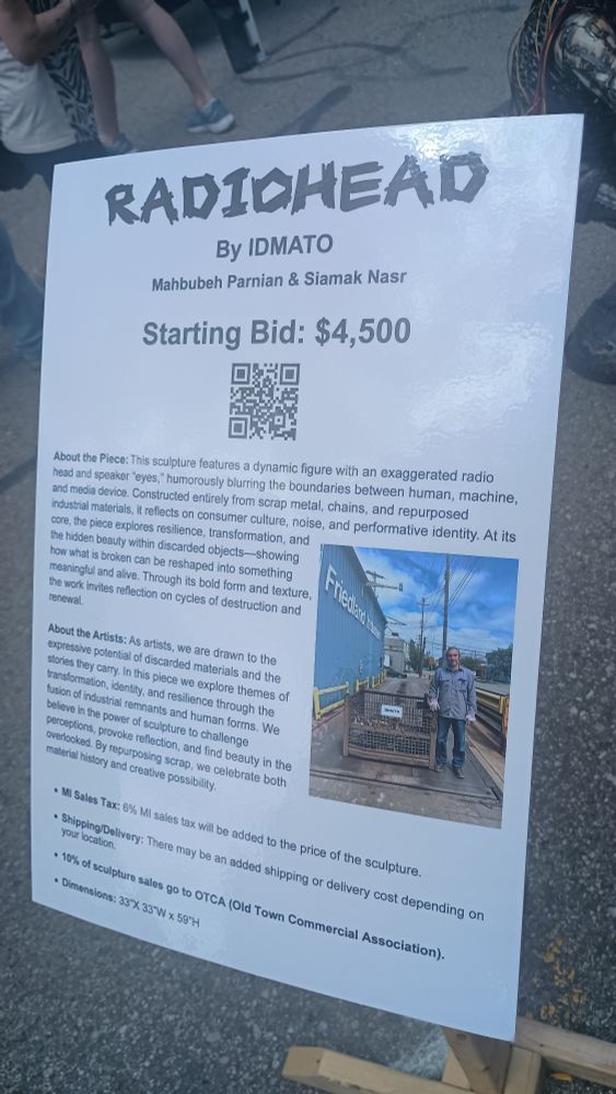 Sculpture description of Radiohead the sculpture and the artist's theme of "inviting reflection on cycles of destruction and renewal".  Also up for bidding starting at $4500.
