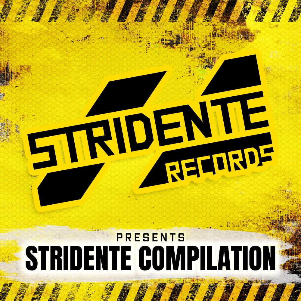Cover image of the Stridente Records compilation. A Stridente Records logo on a rusty yellow metal texture with hazard stripes