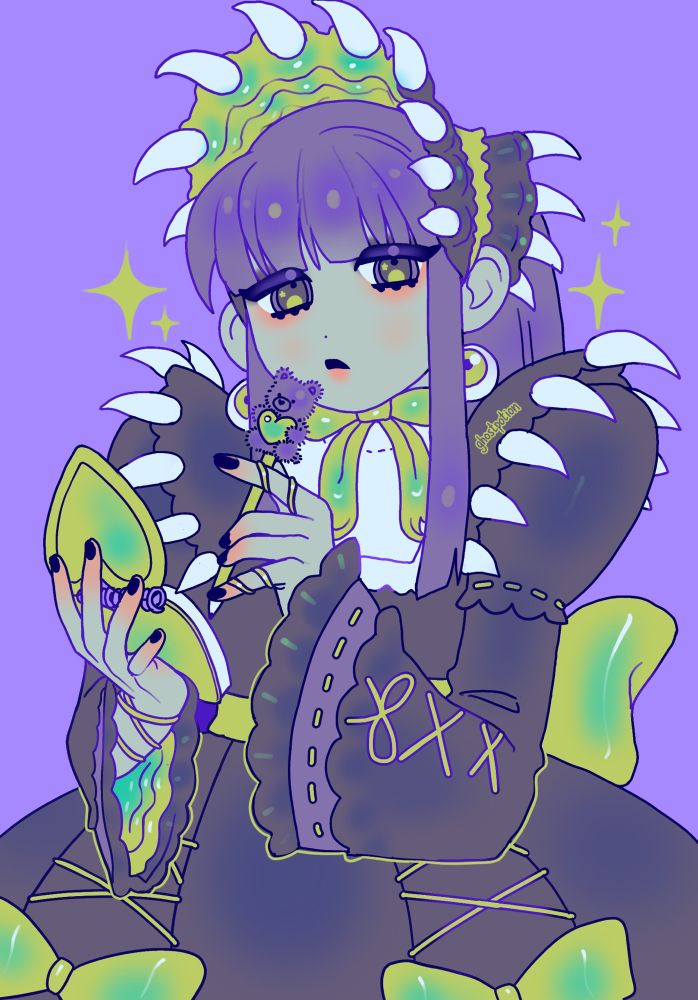 Illustration of a girl with cold eyes and long purple hair against a light purple background. Her skin is a sickly greyish and she wears a dark purple-grey lolita dress with teeth running along the edges to mimic white lace trim. She wears a bonnet also adorned with teeth, to which the underside resembles a fleshy green mouth. Green details adorn her, such as the bonnet's bow around her chin, eyeball earrings, and fine details on her dress. She holds a heart shaped notepad and a pen adorned with a teddy bear. Green vines wrap around her wrist and fingers, coming from the dress. 
