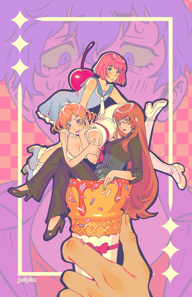 Katherine McBride, Catherine, and Qatherine of the game "Catherine Fullbody" all sit stacked upon a giant sprinkled icecream cone, adorned with a cherry on top. It's being held up by Vincent, who is painted into the background with subtler shades. 