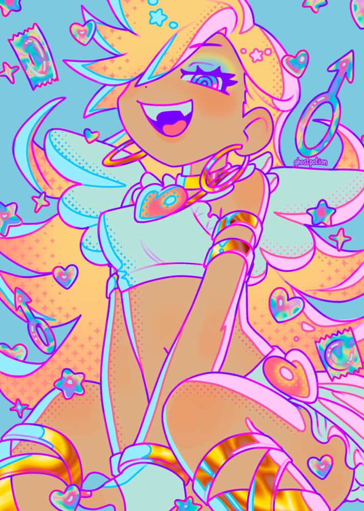 Panty Anarchy from "Panty and stocking". Shes posed sitting with her hands between her knees and a cocky expression as hearts and stars in neon colors rain on her. The whole piece is highlighted by blue and pink bounce lights and star shaped halftones.