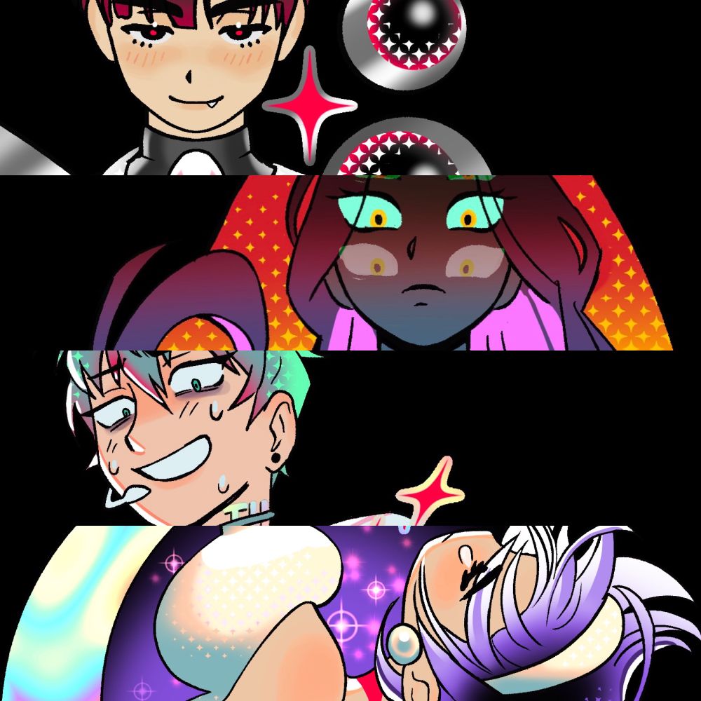 From top to bottom, Ivan, mizi, till and sua from alien stage. Just their faces are showing but these are all crops of a bigger piece 