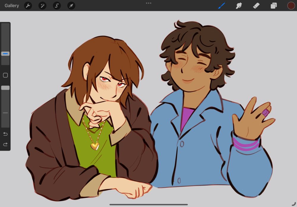 Chara and Frisk as I imagine they would look in college. Chara is staring at the viewer with red eyes, hiding their smile behind a nonchalant hand resting on their chin. They wear an olive green sweater with a muted beige button up underneath, and a long baggy brown cardigan bunched up to their forearms to reveal the sleeves of the button up. A golden heart locket hangs from their necklace. Frisk has a kind smile, eyes appearing to be closed, and messy brown hair. They wave at the viewer with a hand brandishing a purple bandage on their ring finger. They're wearing a blue windbreaker with a collar that buttons up, and a purple shirt barely shows underneath. 