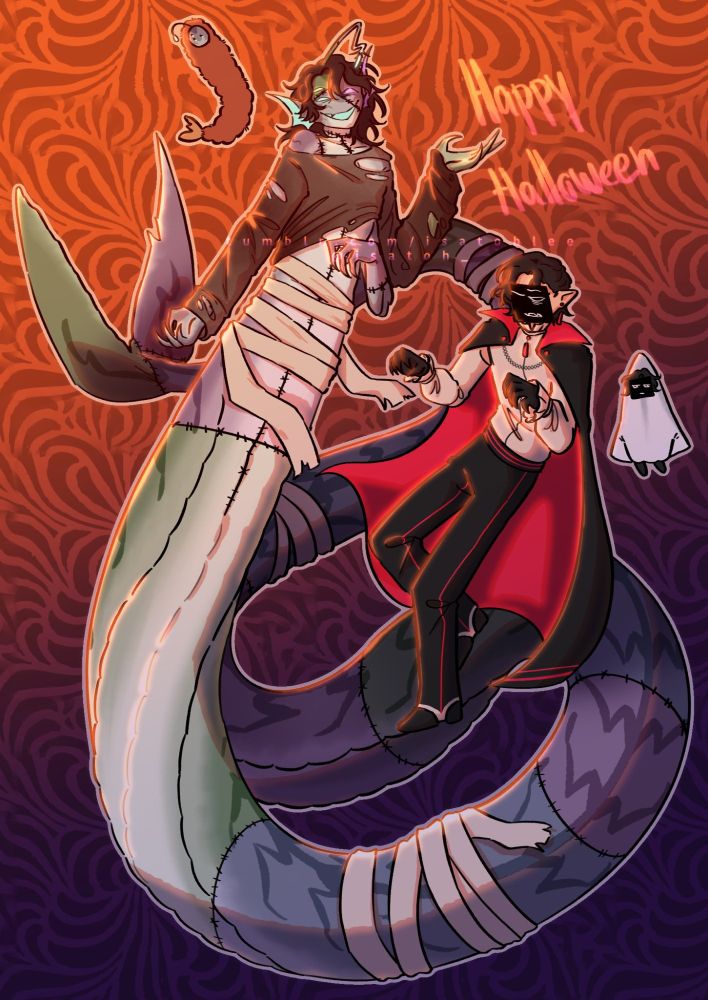 Sebastian is dressed up as a zombie while my oc is dressed up as a vampire. there are miniature versions of a tempura seb and a squid costume on my oc
