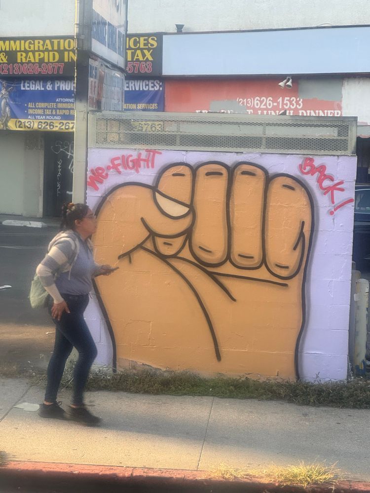 A woman in an urban setting walks past a wall painted with a huge first raised in defiance ✊🏻 and stylized letters saying “We Fight Back!”