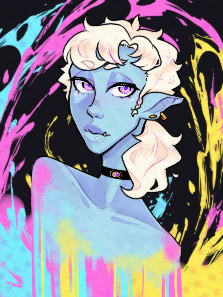 A headshot of a man with a blue skin tone on a background of bright paint splatter. He has white hair pulled into a ponytail and magenta eyes.