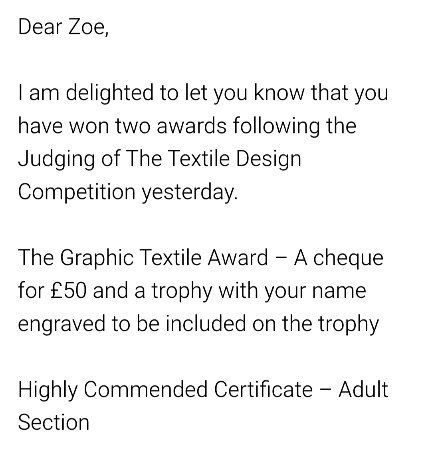 screenshot of an email telling me I have won two prizes in the local fibre arts competition - Graphic Textile Award of £50 plus trophy and an overall highly commended in the adult section.
#CardWeaving #TabletWeaving #InkleLoom #Shrewsbury #Shropshire #ShrewsburyDrapers #CompetitionWinner #TextileArtsCompetition #HighlyCommended #GraphicTextileAward 