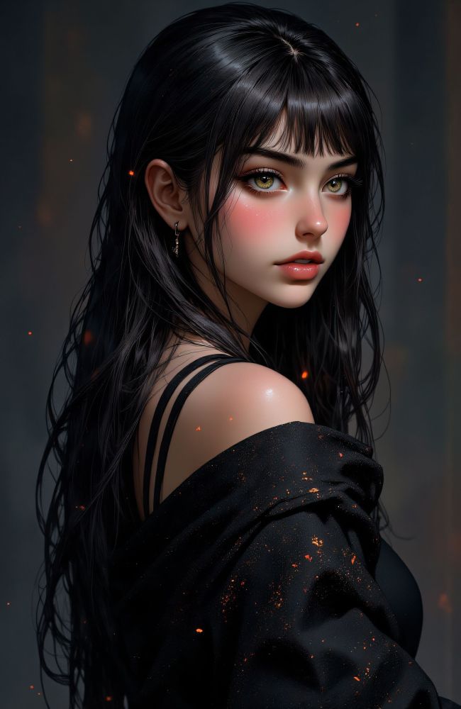 Portrait of a woman in the semi-realistic style, bare shoulders wearing a black dress looking at the camera