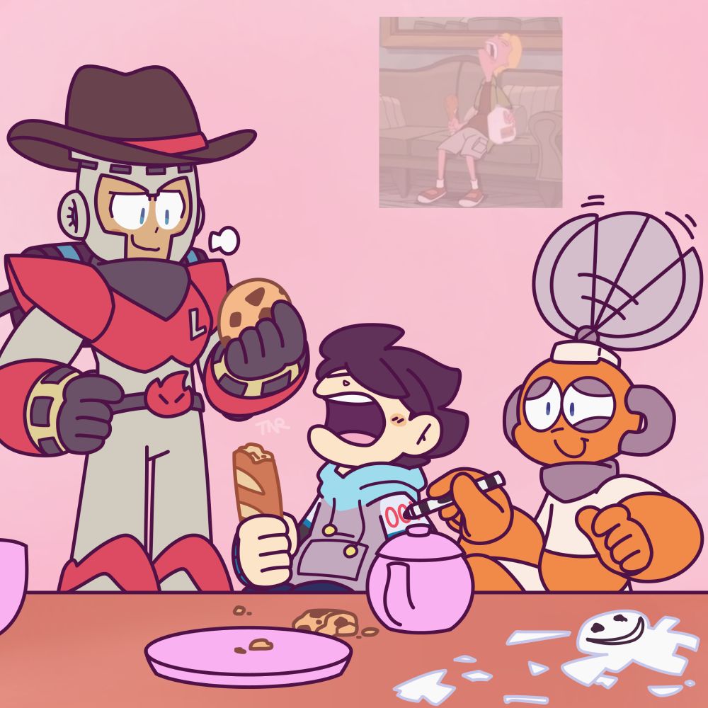 Rock has passed out at the table with a baguette and a teapot in his hands (above is the reference image for it).

Cut pulls out a marker, fully prepared to draw on his face. He's trying desperately not to laugh. Fire, sighs and looks on in amusement with a cookie in his hand