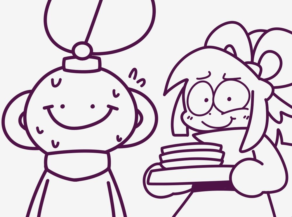 Cut Man tries not to laugh. Roll does the same while holding a tray of dirty dishes, admittedly a lot more than Cut is