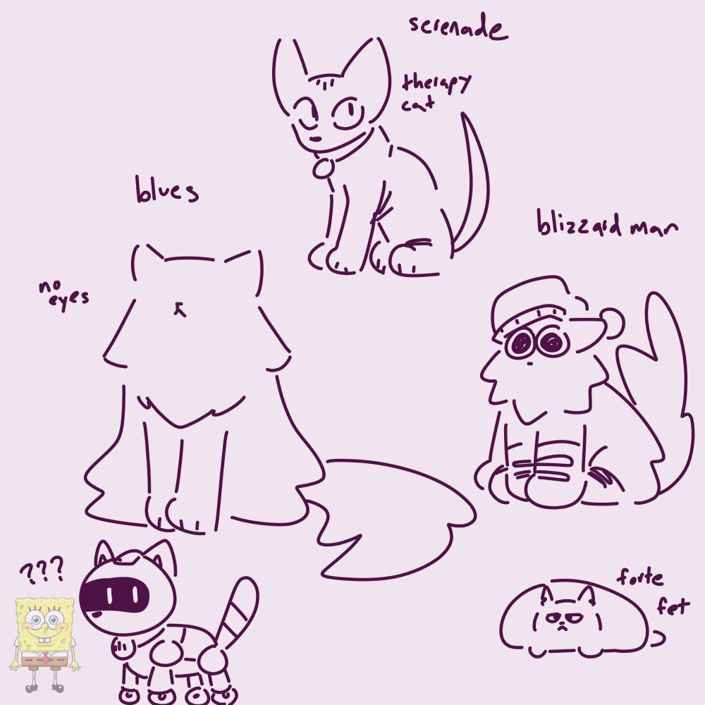 Serenade - sphinx therapy cat
Blues - turkish angora (I think) with no eyes
BlizzardMan - norwegian forest cat in a beanie and lil boots
Forte - "fet"
??? (Rock) - little robot toy cat, next to it is an image of "Hi I'm Spongebob" since I need to self-indulge, please-