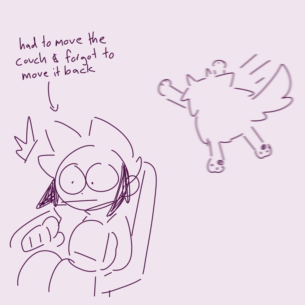Chaud sits in a chair with a cup of coffee in his hands. Meanwhile Blues goes flying through the air. Turns out Chaud moved the couch earlier to clean and forgot to move it back into place for his cat
