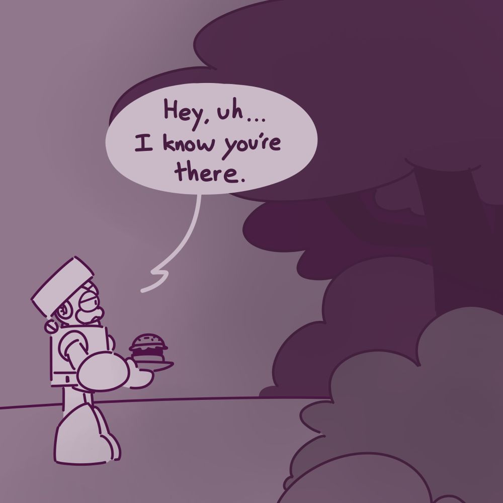 Heat Man stares into the forest holding a plate with a burger in his hands. The text reads "Hey, uh... I know you're there."