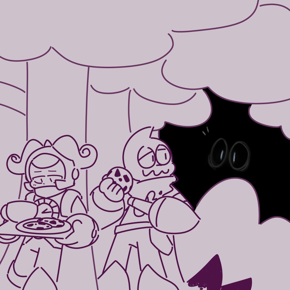 Time and Oil are in the forest to meet up with Weird Man. Time holds a tray of cookies and tea in his hands while Oil talks with Weird Man, who is is hiding in the shadows.

Weird seems surprised